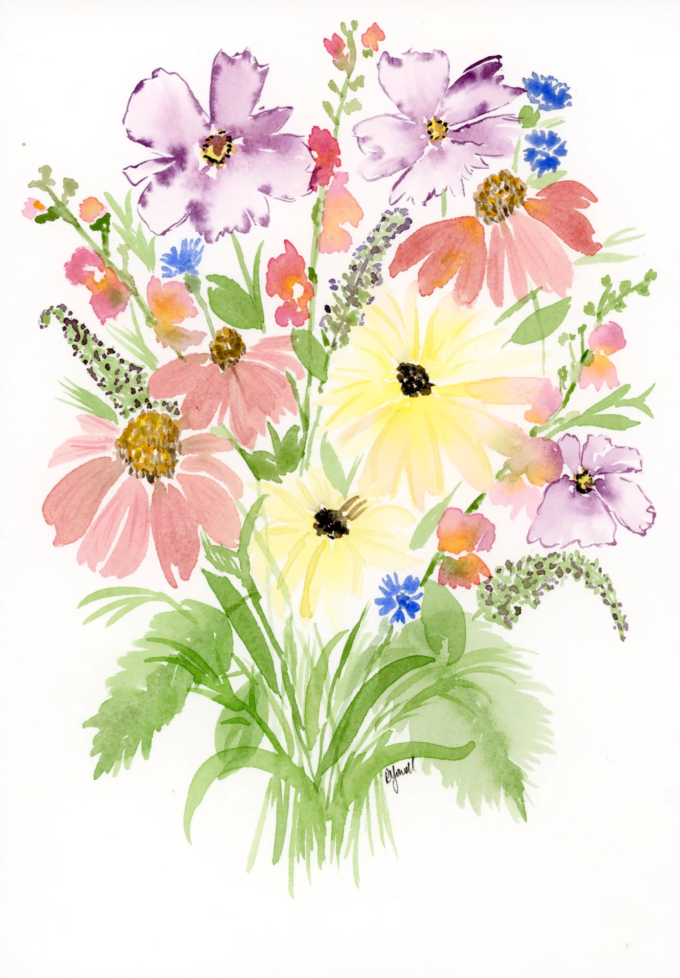 Wildflower bouquet of cosmos and coneflowers watercolor painting by Rebekah Yowell