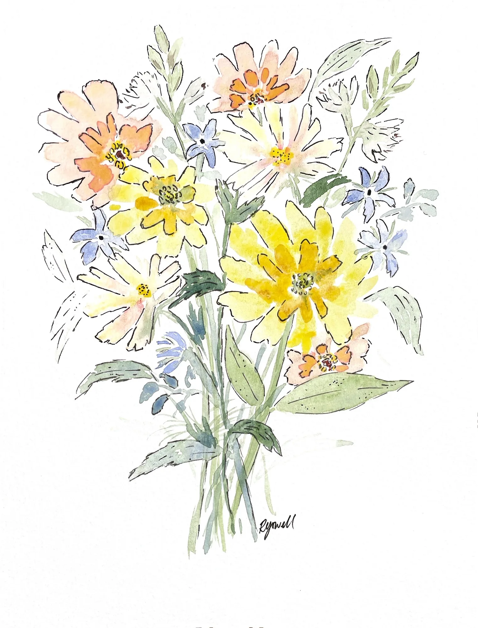 Yellow and orange wildflower bouquet watercolor painting by Rebekah Yowell