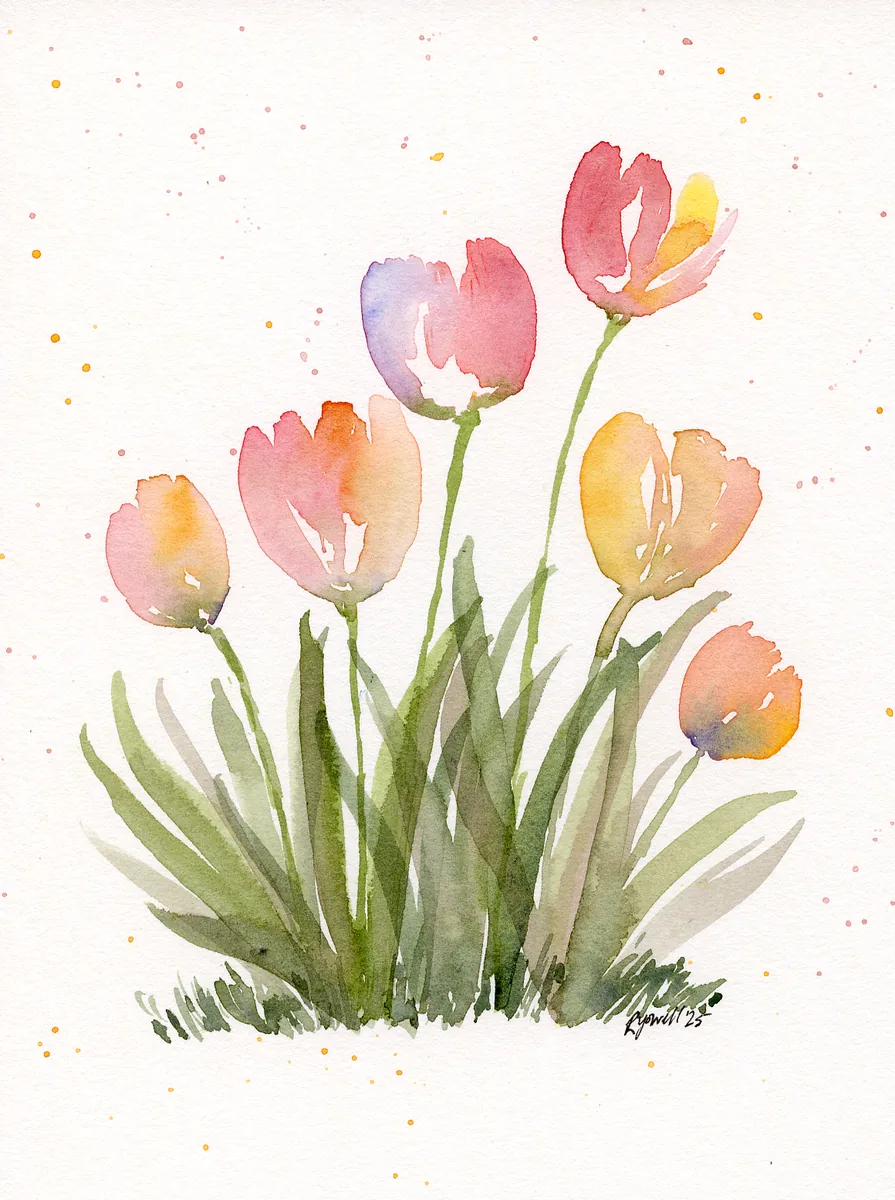 Pink and orange tulips watercolor painting by Rebekah Yowell