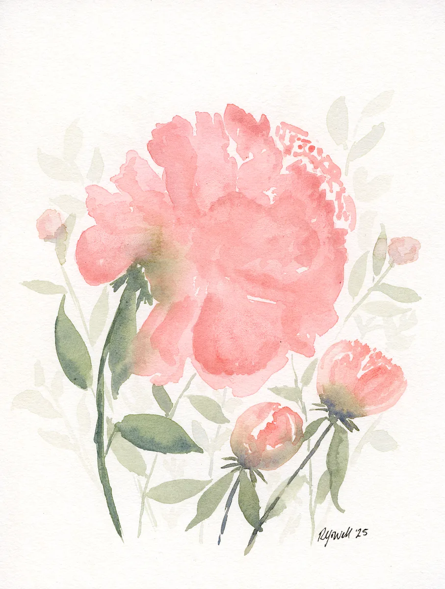 Pink peony and buds watercolor painting by Rebekah Yowell