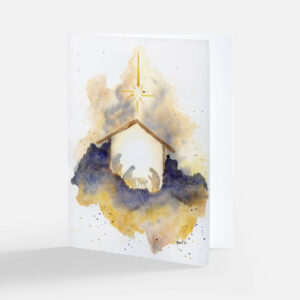 Watercolor Christmas notecard of a nativity stable silhouette with Mary, Joseph, and the manger beneath a gold star, in navy and gold washes